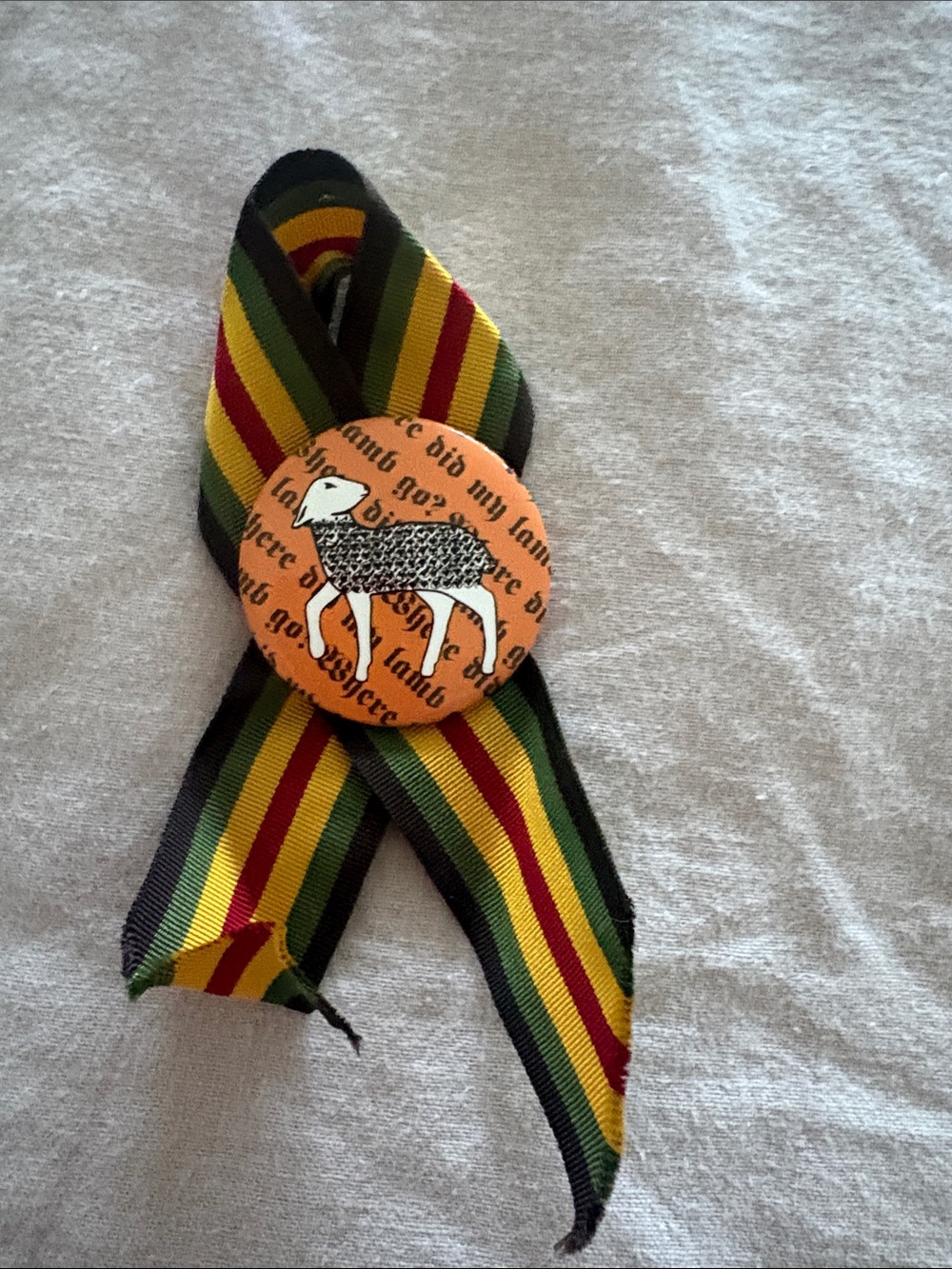 LAMB Ribbon Badge in Green, Yellow & Red with Sheep Pin